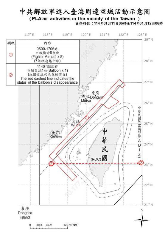 國防部公布「中共解放軍進入台海周邊空域活動示意圖」。   圖/國防部提供