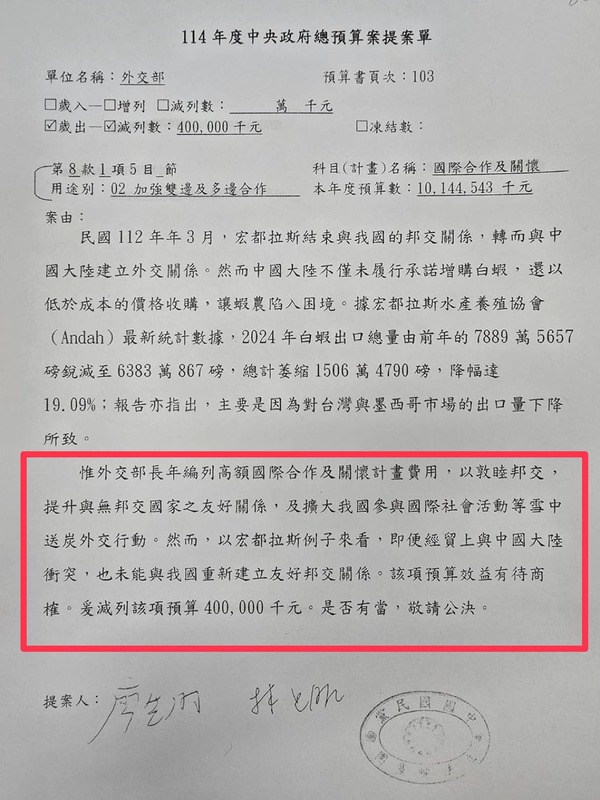 國民黨立委廖先翔、林思銘提案減列外交部預算4億元。   圖：取自周軒臉書