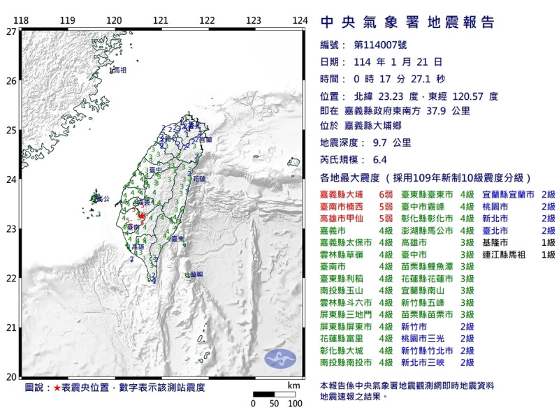 今（21）天0時17分凌晨嘉義縣大埔鄉發生芮氏規模6.4地震。   圖：氣象署提供