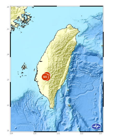 嘉義縣大埔鄉今(21日)凌晨發生芮氏規模6.4強震，至今有55個餘震！震央附近的「口宵里斷層」、「六甲斷層」及「觸口斷層」等三條斷層，是台積電南部設廠地質調查時意外發現。   圖：翻攝自氣象署 網站