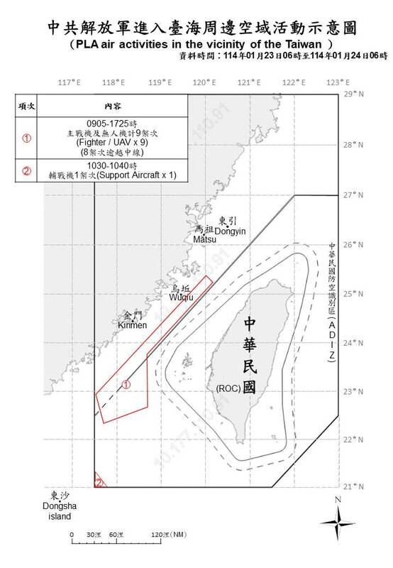  國防部公布「中共解放軍進入台海周邊空域活動示意圖」。 圖：國防部提供 