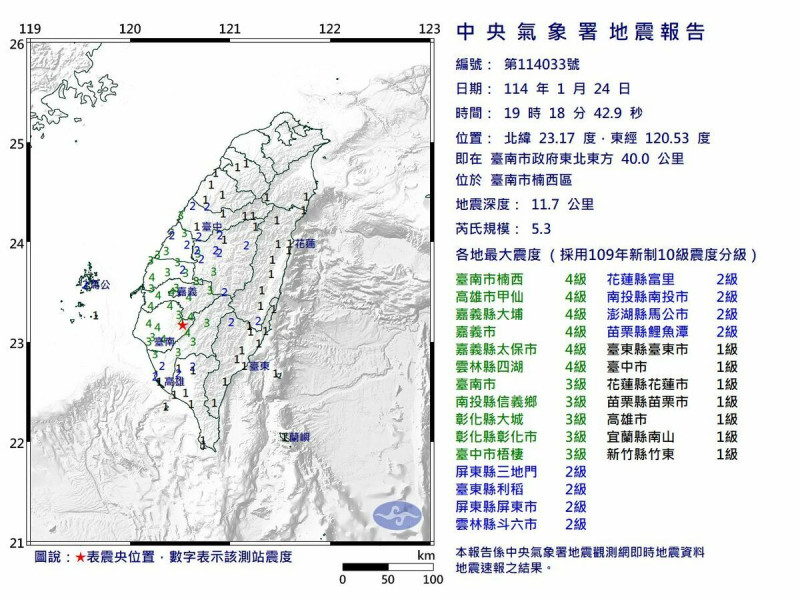 台南市楠西區今（24）天晚上7點18分發生芮氏規模5.3地震。   圖：氣象署提供