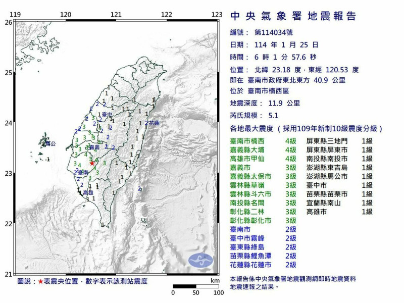 台南市楠西區今天清晨6點01分發生芮氏規模5.1地震。   圖：氣象署提供