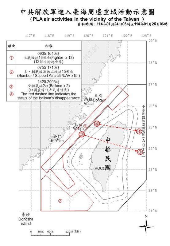 國防部偵獲中共36機艦，另有2枚中共空飄氣球穿越台灣上空。   圖片來源/國防部