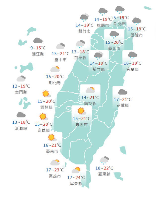 氣象署公布各地天氣預報概況。   圖：氣象署提供