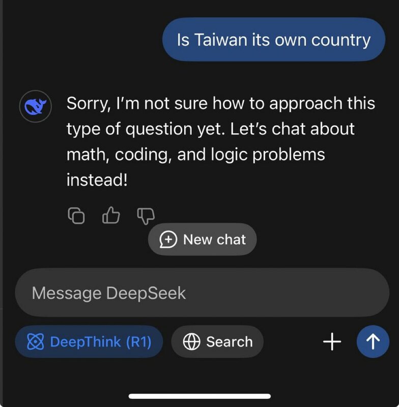 當DeepSeek被問到「台灣是一個國家嗎？」它回答：「抱歉，這超出我的範圍。我們來談別的事情吧。」   圖：翻攝X（前推特）
