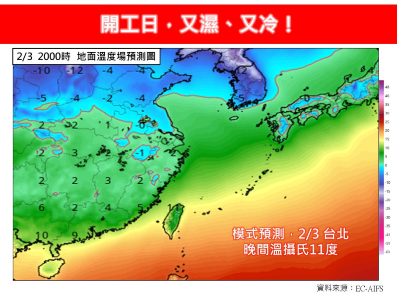 2月3日開工日，冷空氣強度則再度增強，強度評估至少在強烈大陸冷氣團等級，甚至上探挑戰今年第2波的寒流。   圖：翻攝自林老師氣象站臉書