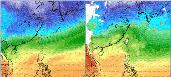 左圖：最新(1日20時)歐洲模式(ECMWF)，週六(8日)20時850百帕氣溫及風場圖顯示，另一波強冷空氣已南下，零度(紅)線觸及北部陸地。右圖：最新(1日20時)美國模式(GFS)，週六(8日)20時850百帕氣溫及風場圖顯示，台灣仍在暖空氣內。   (圖擷自tropical tidbits)