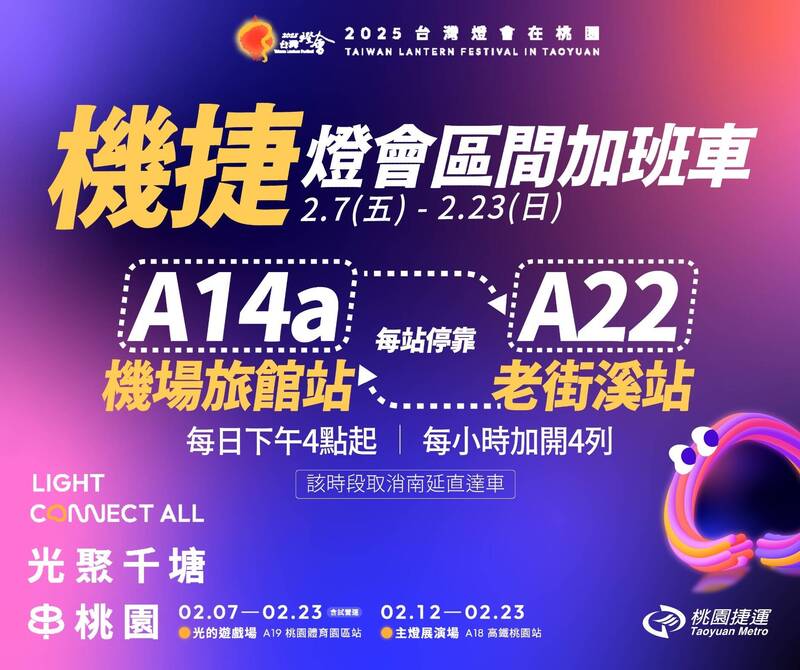 2025台灣燈會將在本月7日至23日於桃園機場捷運A18高鐵桃園站，及A19桃園體育園區站登場，桃園機場捷運也祭出相關疏運措施。   圖：桃園機場捷運公司／提供