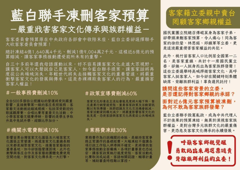 南部客家代表發表文宣痛批藍白聯手凍刪客家預算。   圖：孫家銘翻攝