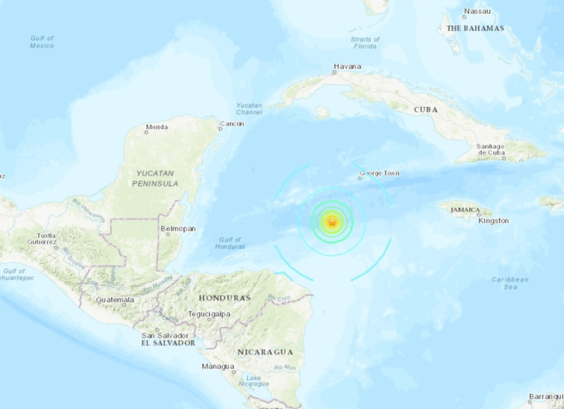 開曼群島首都喬治城（George Town）西南209公里處海域，在當地時間週六下午6時23分，發生規模7.6級地震。   圖/取自美國地質調查局 (USGS)