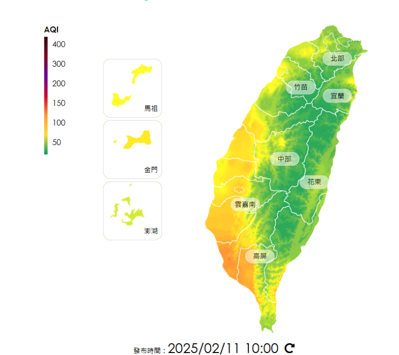 今(11)日環境風場為偏東風，西半部擴散條件差，污染物易累積。    圖：翻攝自環境部空品監測網