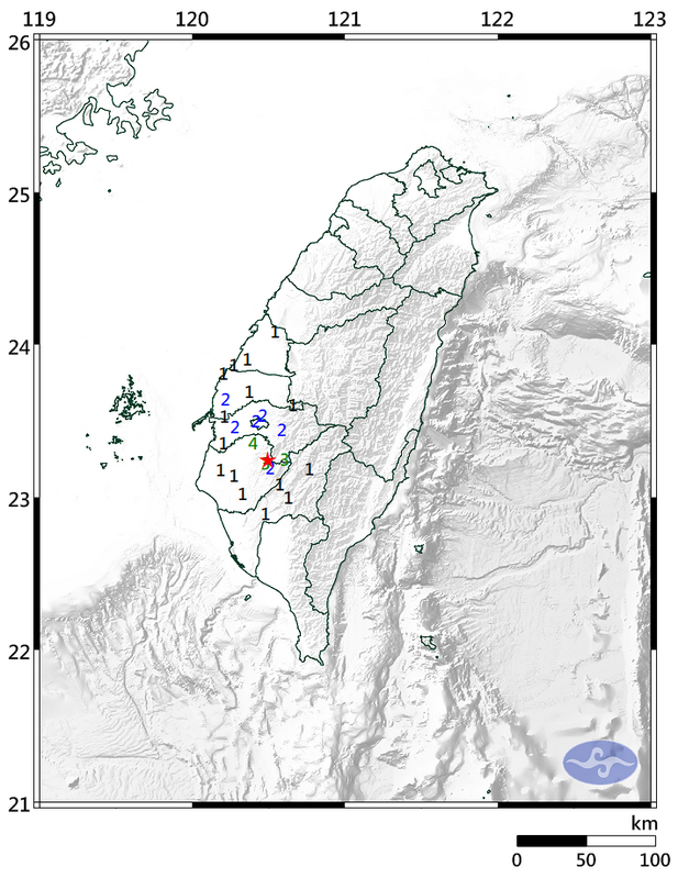 今(11)日下午15時52分許，嘉南地區發生芮氏規模4.1有感地震。   圖：中央氣象署／提供