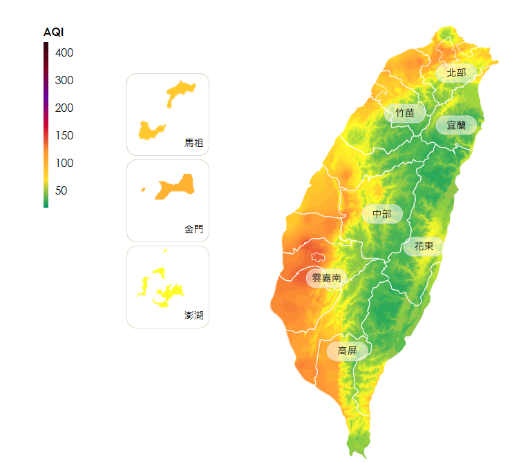 北部、中部、雲嘉南、高屏空品區為「橘色提醒」等級。   圖：翻攝自空品監測網
