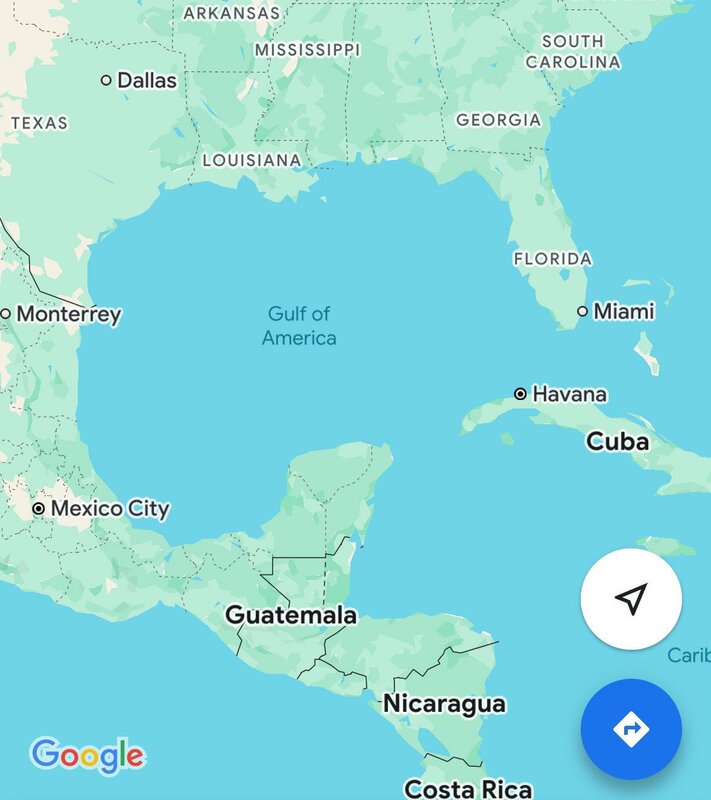  現在美國地區的Google Maps使用者的介面中，過去的墨西哥灣（Gulf of Mexico)已更名為美國灣（Gulf of America)。 圖：截自「x」@DonaldTNews 