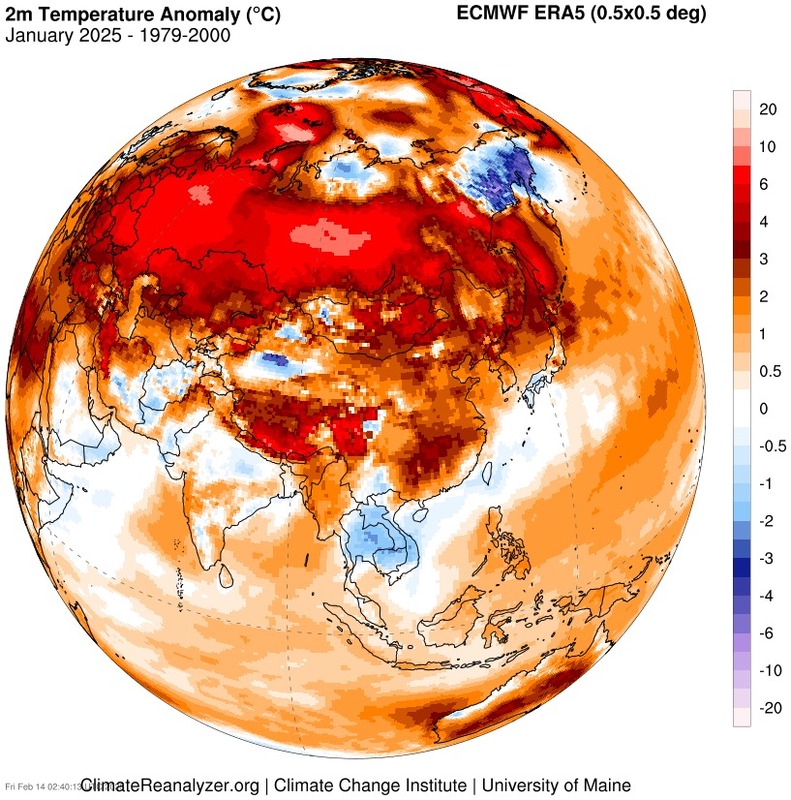 鄭明典今日曬出2025年1月全球氣溫距平圖，憂心2025恐不是平靜的一年。   圖：翻攝自鄭明典臉書