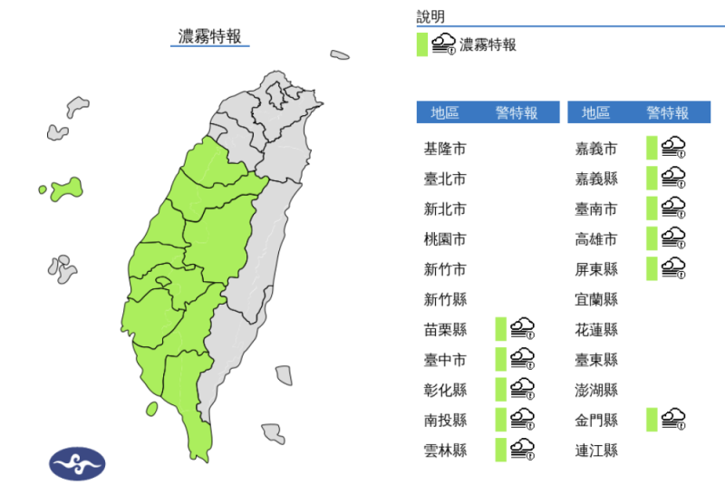 氣象署發布濃霧特報，今天清晨至上午西半部地區及金門、馬祖易有局部低雲或霧影響能見度，南投、苗栗至屏東及金門已或將出現能見度不足200公尺的現象，請注意。   圖片來源/氣象署