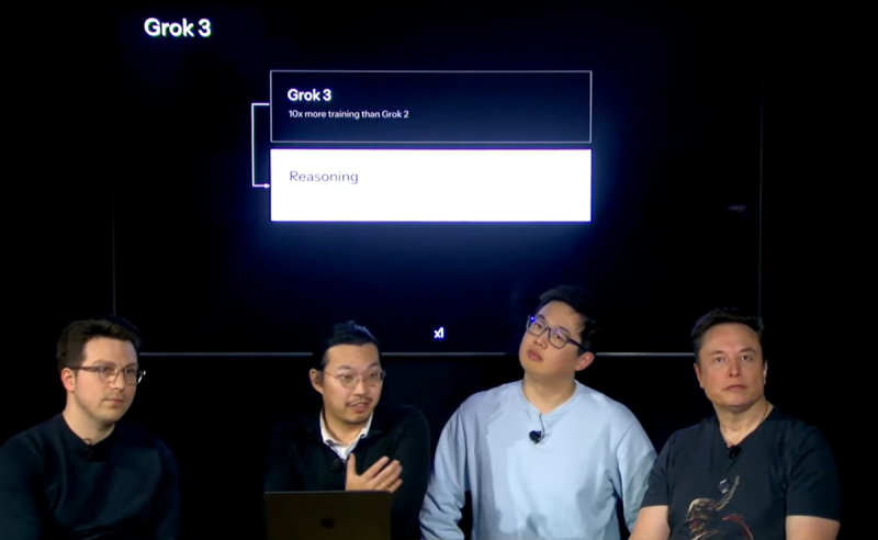 X AI推出Grok 3，馬斯克稱其性能超越GPT-4，並用「聰明得嚇人」形容。   圖：翻攝自Grok 3發表直播