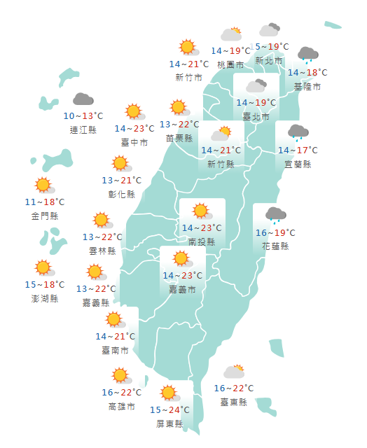 氣象署公布各地天氣預報概況。    圖：氣象署提供 