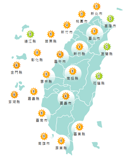 氣象署發布各地紫外線指數預報概況。    圖：氣象署提供 