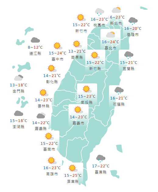 氣象署公布各地天氣預報概況。   圖：氣象署提供