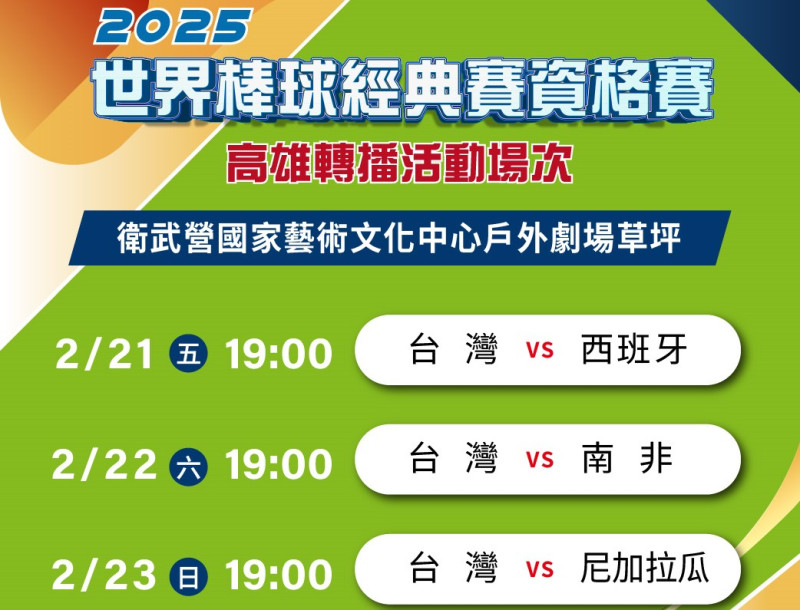 高雄轉播2月21日至2月23日台灣出賽場次。   圖：高雄市運發局/提供