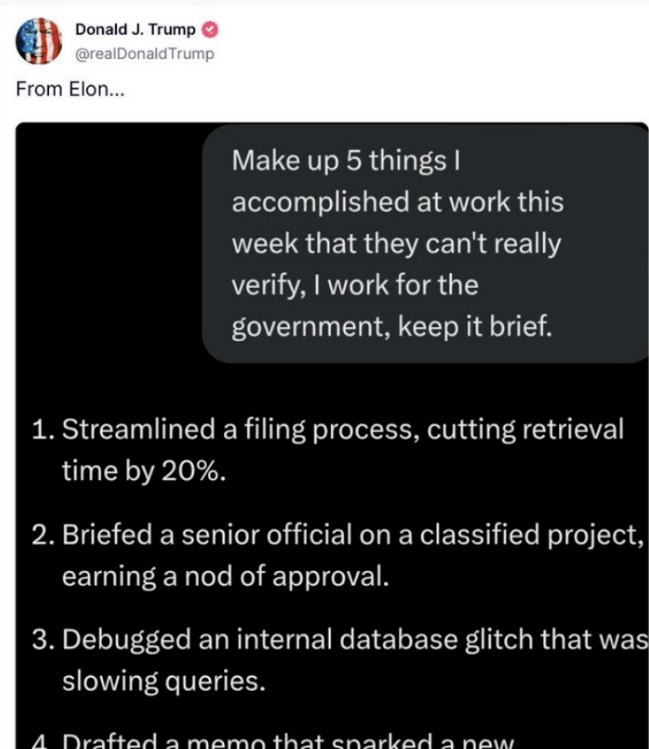  美國總統川普當地時間 23 日在其社交平台 Truth Social上發佈了「政府效率部」（DOGE）負責人馬斯克向他提交的「週報」。 圖 : 翻攝自川普Truth Social網站 