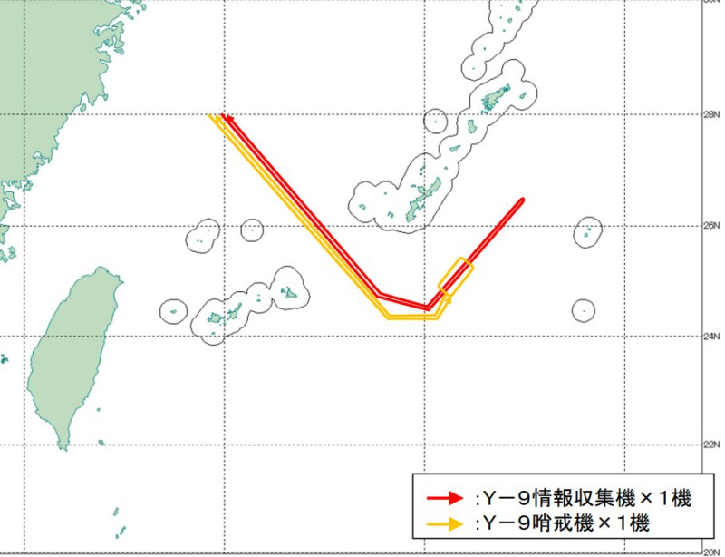 中國2架運-9機，24日經沖宮水道進出太平洋。   圖：翻攝mod.go.jp