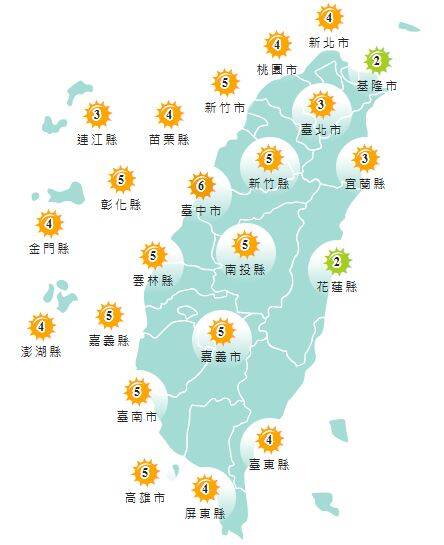 氣象署發布各地紫外線指數預報概況。   圖：氣象署提供 