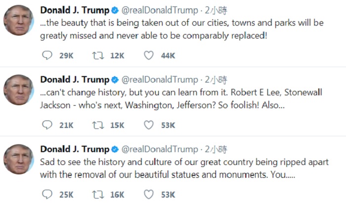 美國總統川普今（17）日推文表示，移除南北戰爭時代南方邦聯紀念雕像風潮，正使美國的歷史與文化被「撕裂」。   圖：翻攝川普推特