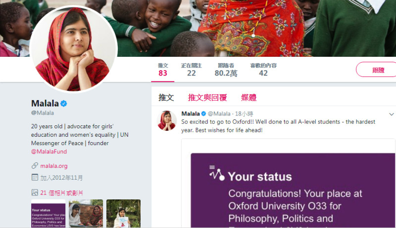 20歲的巴基斯坦維權少女馬拉拉是諾貝爾和平獎得主，她在推特興奮宣布獲牛津大學錄取，將攻讀PPE。   圖：翻攝馬拉拉推特