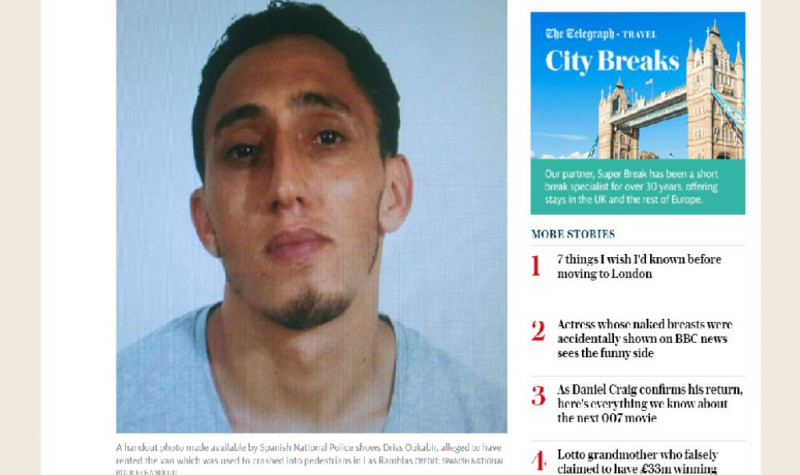 英國「每日電訊報」(Daily Telegraph) 網站登出巴塞隆納恐攻嫌犯歐卡伯 (Driss Oukabir) 的照片。   圖：翻攝自每日電訊報」(Daily Telegraph) 網站