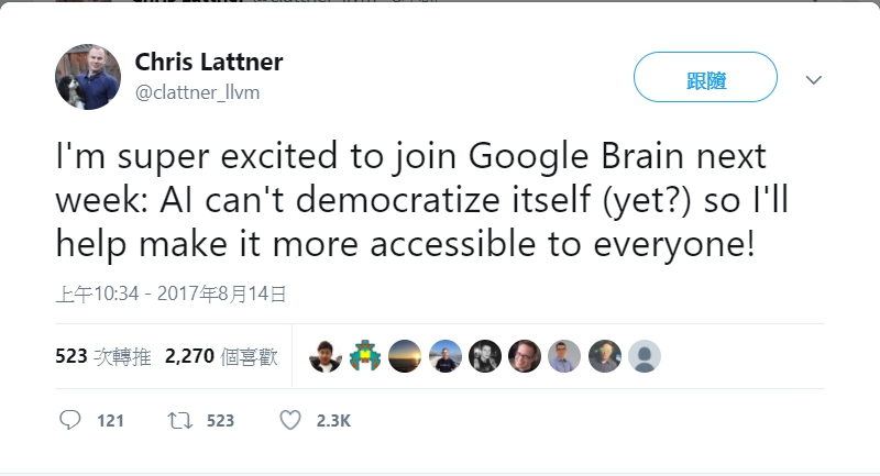 傳奇工程師Chris Lattner日前在自己的推特上，發表對即將進入Google Brain工作感到非常興奮。   圖：翻攝自Twitter