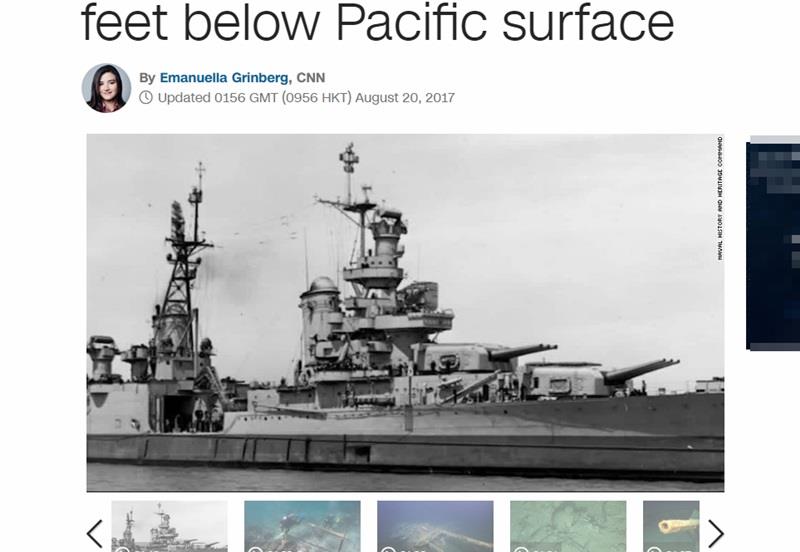 美國海軍19日表示，經過72年後，研究人員在太平洋海平面下5500多公尺處，發現二戰末期遭日本一枚魚雷擊沉的美軍巡洋艦印第安納波利斯號（Indianapolis）。    圖 : 取自CNN網站edition.cnn.com