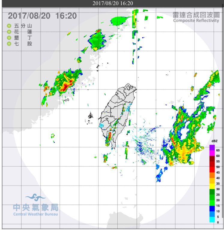 中央氣象局16:25發布大雨特報，請屏東、高雄地區注意瞬間大雨發生。   圖：中央氣象局