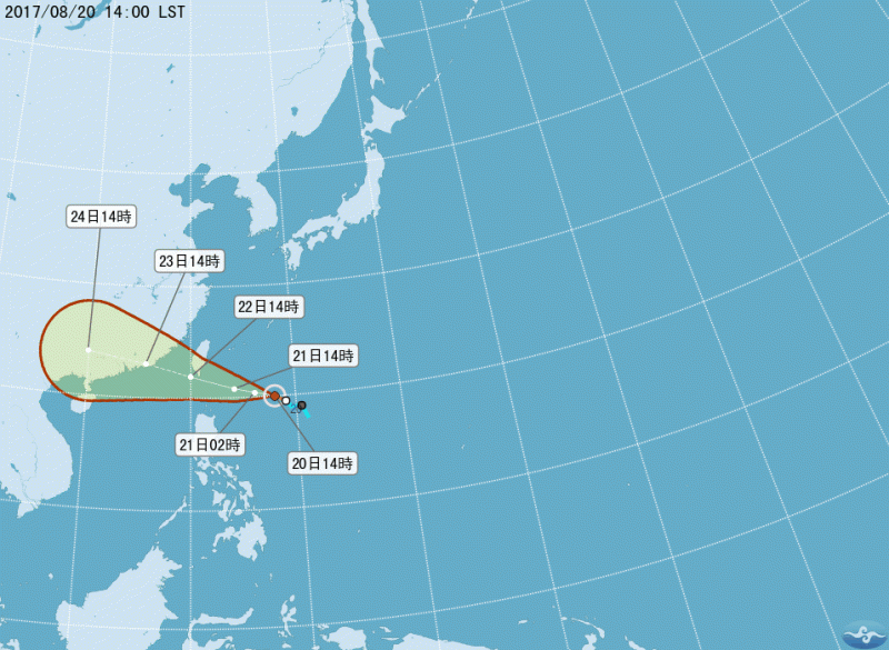 中央氣象局正式發布颱風訊息為第13號颱風「天鵝」，目前估計會從偏南部穿過台灣，東南部需多留意最新天氣訊息。   圖：中央氣象局