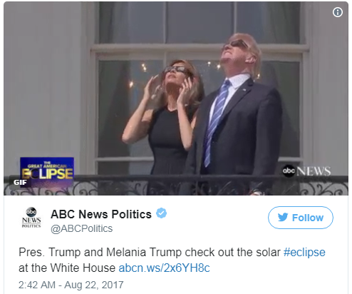 美國迎接99年來難得一見的日全食景象，連該國總統川普（右）都在白宮欣賞這個天文奇景。   