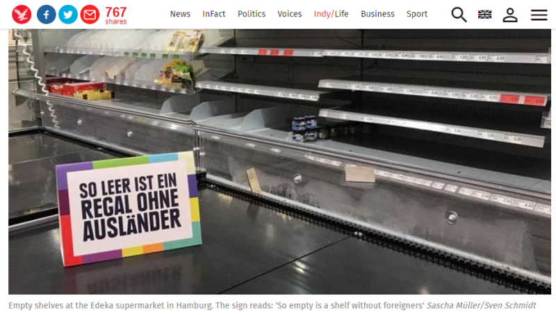 德國1家連鎖超市Edeka為了反擊種族主義，刻意把漢堡門市的外國商品全都下架，貨架幾乎全空。   圖：翻攝《獨立報》/