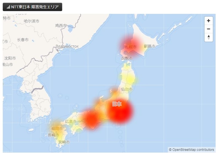 日本全國各地25日下午發生大規模網絡故障，包括東京、大阪、名古屋，以及北海道函館等地。   圖：翻攝NTT網站