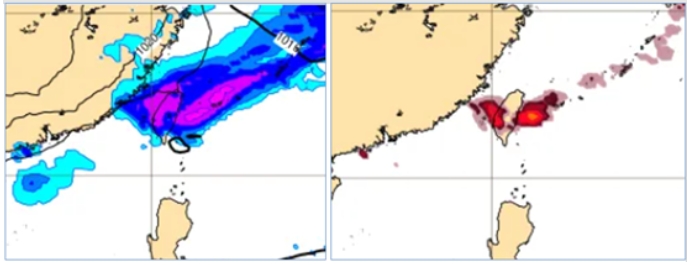 最新(8日20時)歐洲模式(ECMWF)，模擬16日2時地面氣壓及前6小時累積降水圖顯示，鋒面通過、伴隨明顯降雨(左圖)。同時閃電密度(前6小時)的模擬圖顯示，有雷雨發生的機率(右圖)。   圖/氣象應用推廣基金會