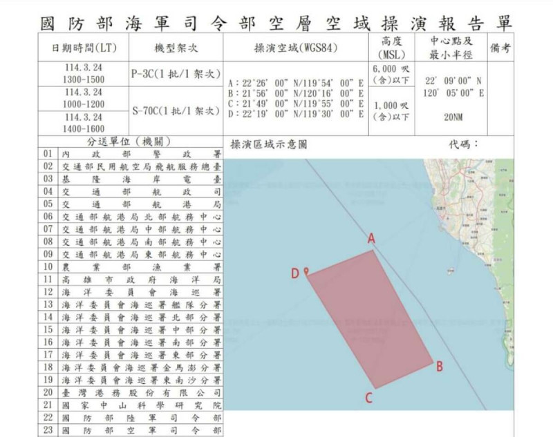 國防部6日發布海軍艦隊指揮部民國114年第1季實施對專案操演空域申請實彈射擊通報單。   圖：取自農業部漁業署網頁