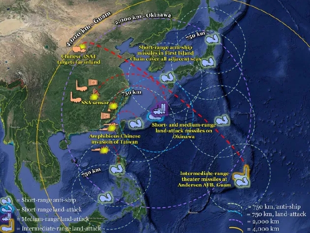  美軍與解放軍在東亞周邊的火力體系部署。 圖 : 翻攝自科羅料夫 