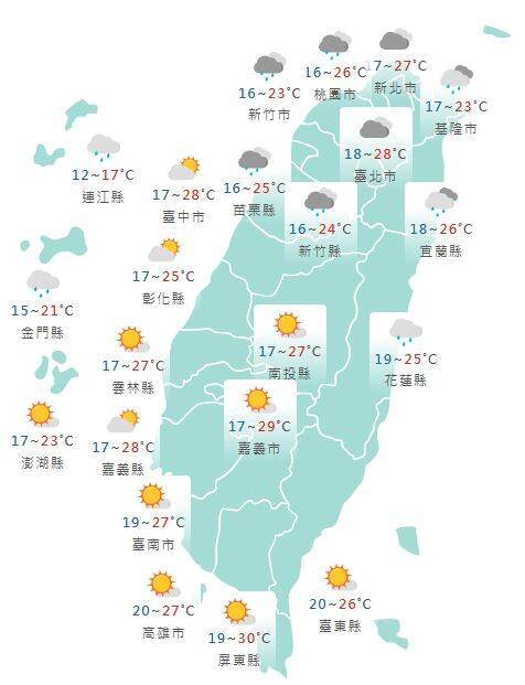 氣象署公布各地天氣預報概況。   圖：氣象署提供