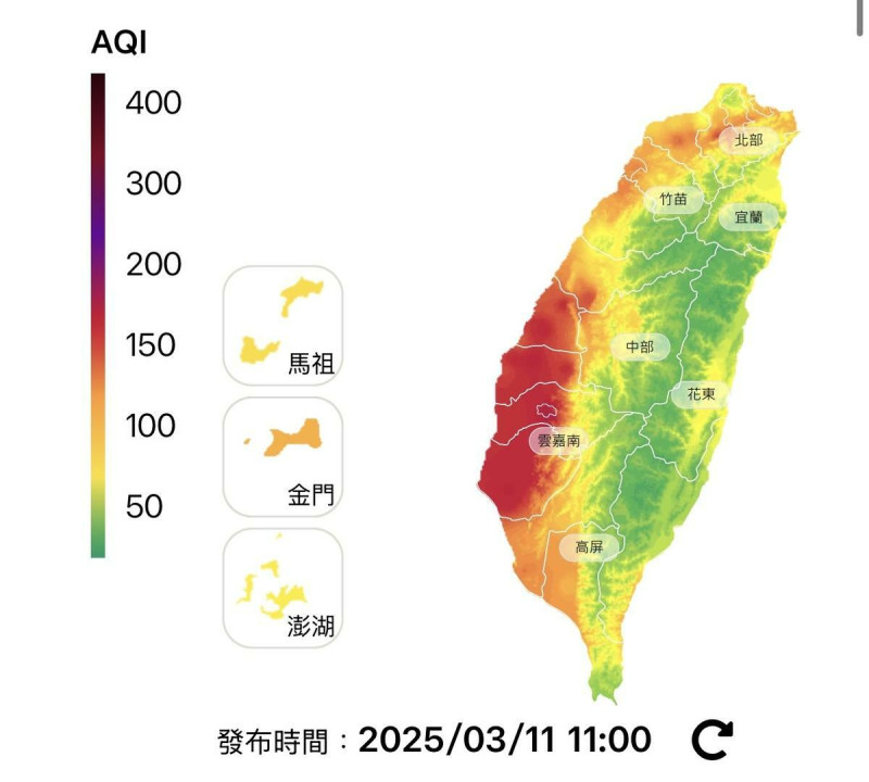 受偏東風及擴散條件不佳影響，西半部空氣品質極差。   圖：空氣品質監測網