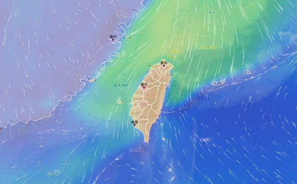 林得恩指出，這波冷空氣強度再升級，有機會達到寒流門檻。(圖為週日台灣周圍溫度)   圖：翻攝自中央氣象署風場預測圖