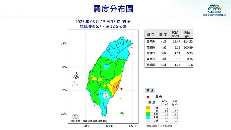 今日下午13時09分許，台東地區發生芮氏規模5.7有感地震。   圖：國家災害科技防救中心／提供