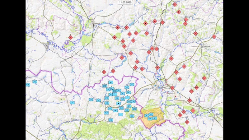 近期有消息稱，位於庫爾斯克地區的烏軍(藍色)正不斷被俄軍擊退，前線形勢對烏軍十分不利。   圖：擷取自 @UAControlMap X 分享影片