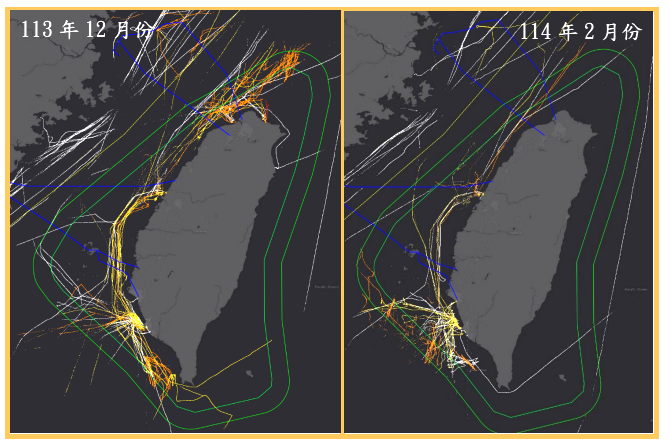 去年12月及今年2月台灣周邊海域高威脅權宜輪活動軌跡圖。   圖：海委會提供