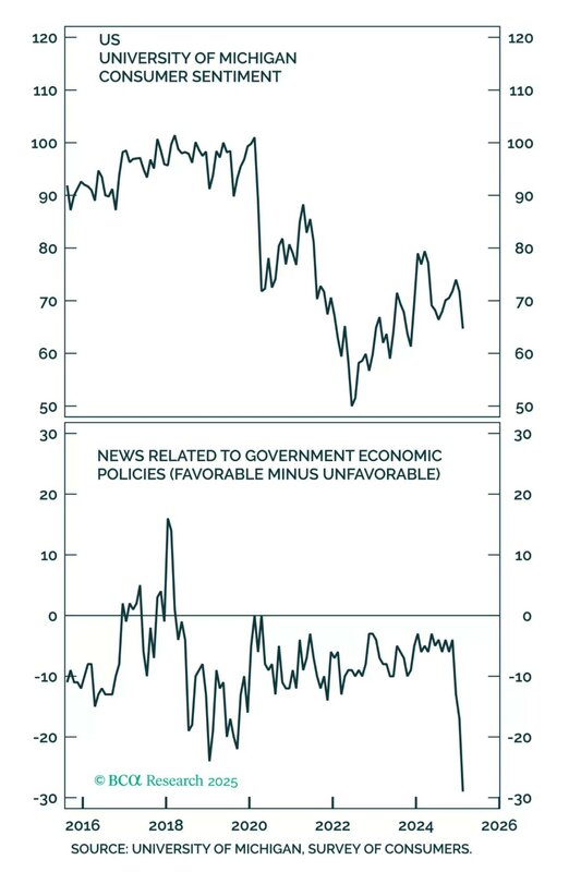 密西根大學調查顯示，政府政策偏差是近期消費者信心下降的主要原因。   圖:翻攝自X帳號@PeterBerezinBCA