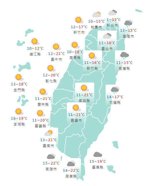 氣象署公布各地天氣預報概況。    圖：氣象署提供